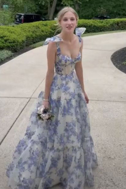 white and blue floral dress